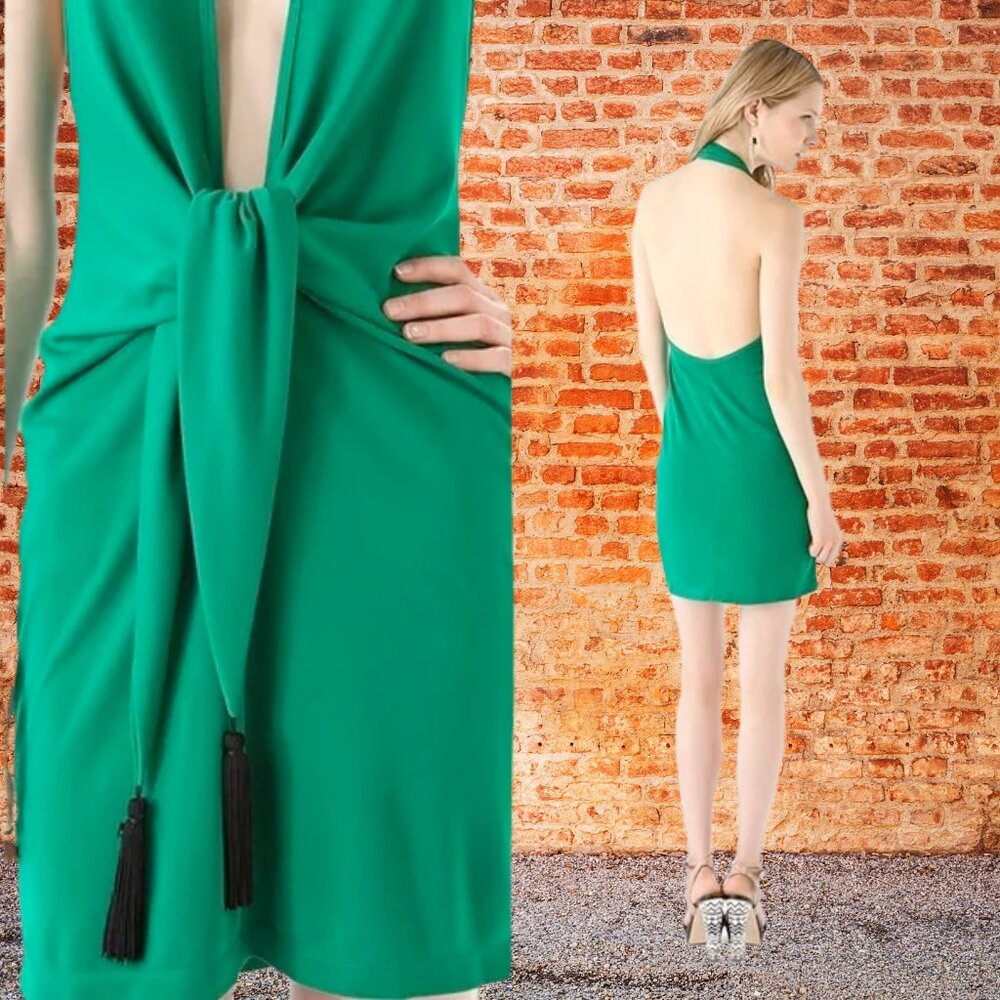 BCBG Kelly Green Halter Dress w/Tassels